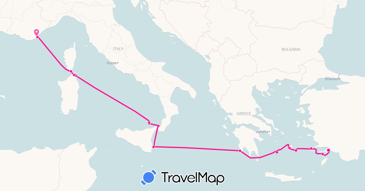 TravelMap itinerary: driving, sail in Spain, France, Greece, Italy, Turkey (Asia, Europe)